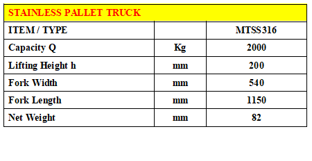 MTSS Stainless Pallet Truck Description